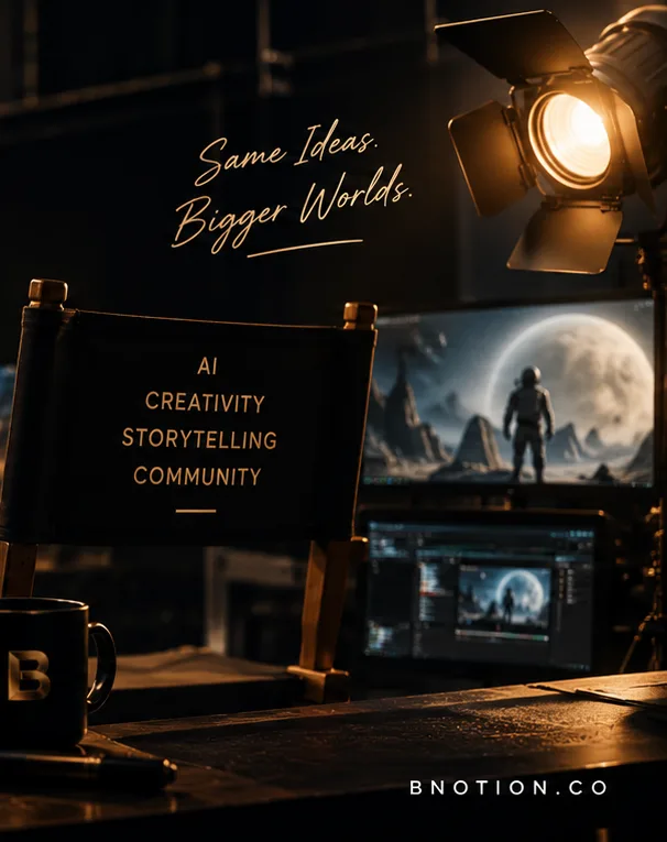 Behind the scenes on a Bnotion Studios AI film production — director's chair, editing monitors, and film reel